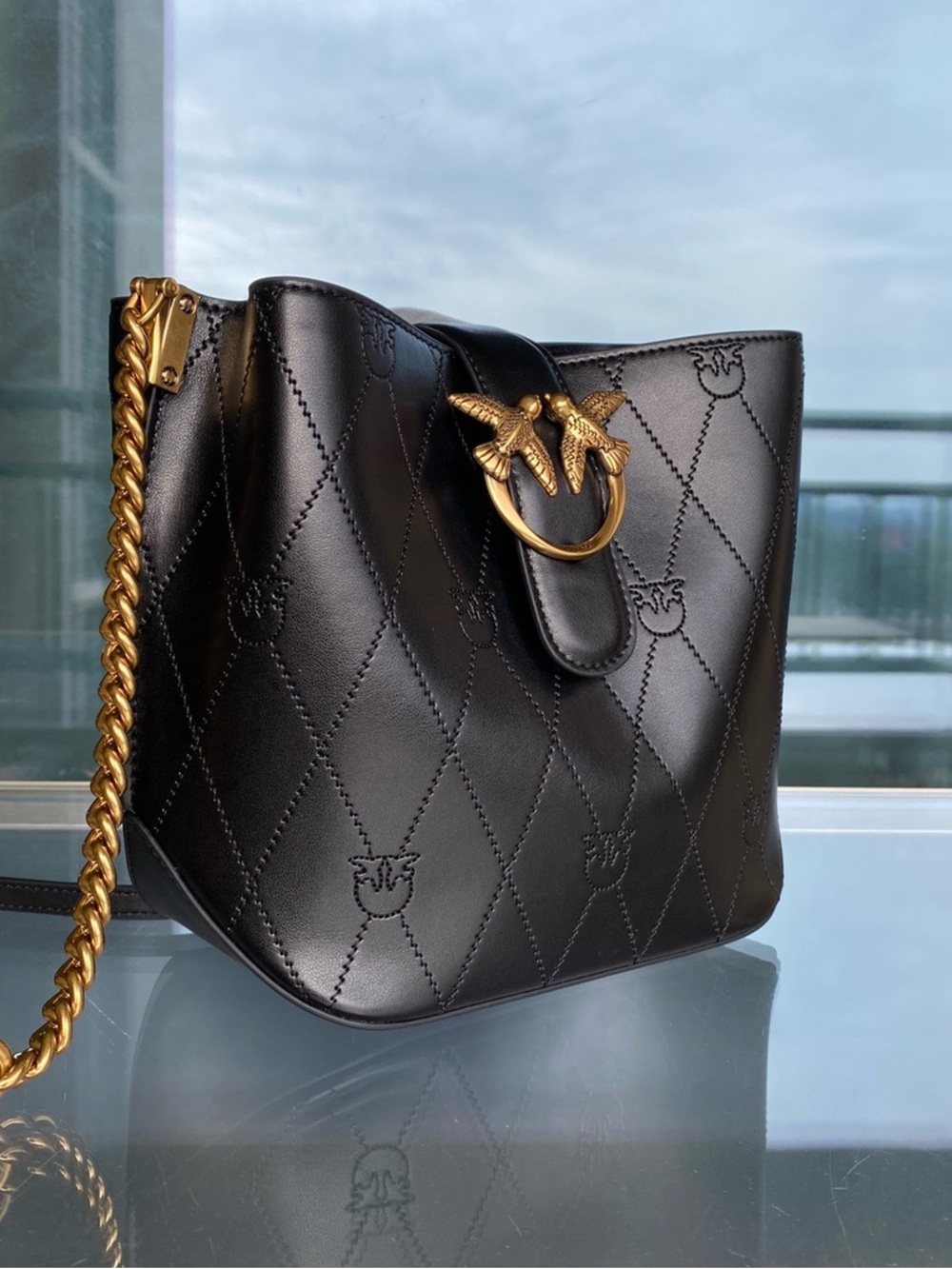Pinko Black Quilted Leather Crossbody with Gold Love Birds Hardware - Picture 2 of 9